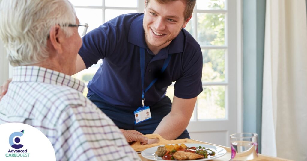 Professional caregiving involves helping clients with iADLs and ADLs as demonstrated by this caregiver helping a client by bringing a meal.