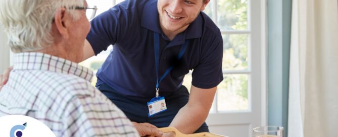 Professional caregiving involves helping clients with iADLs and ADLs as demonstrated by this caregiver helping a client by bringing a meal.