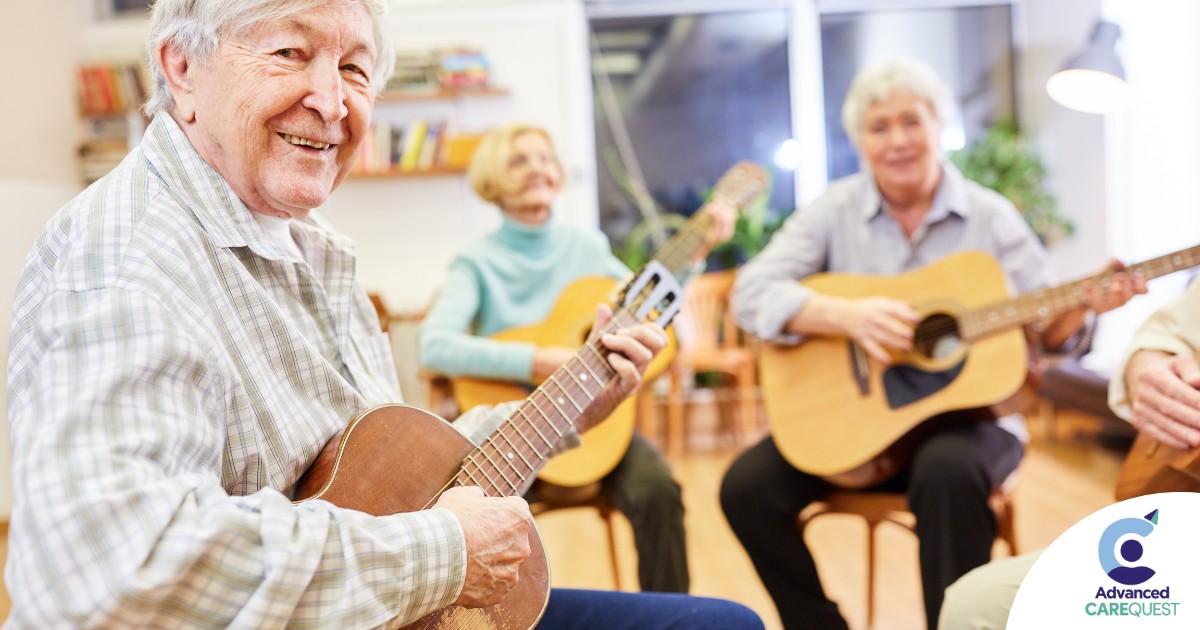 A group of seniors enjoy playing instruments together showing the impact of music for older adults.