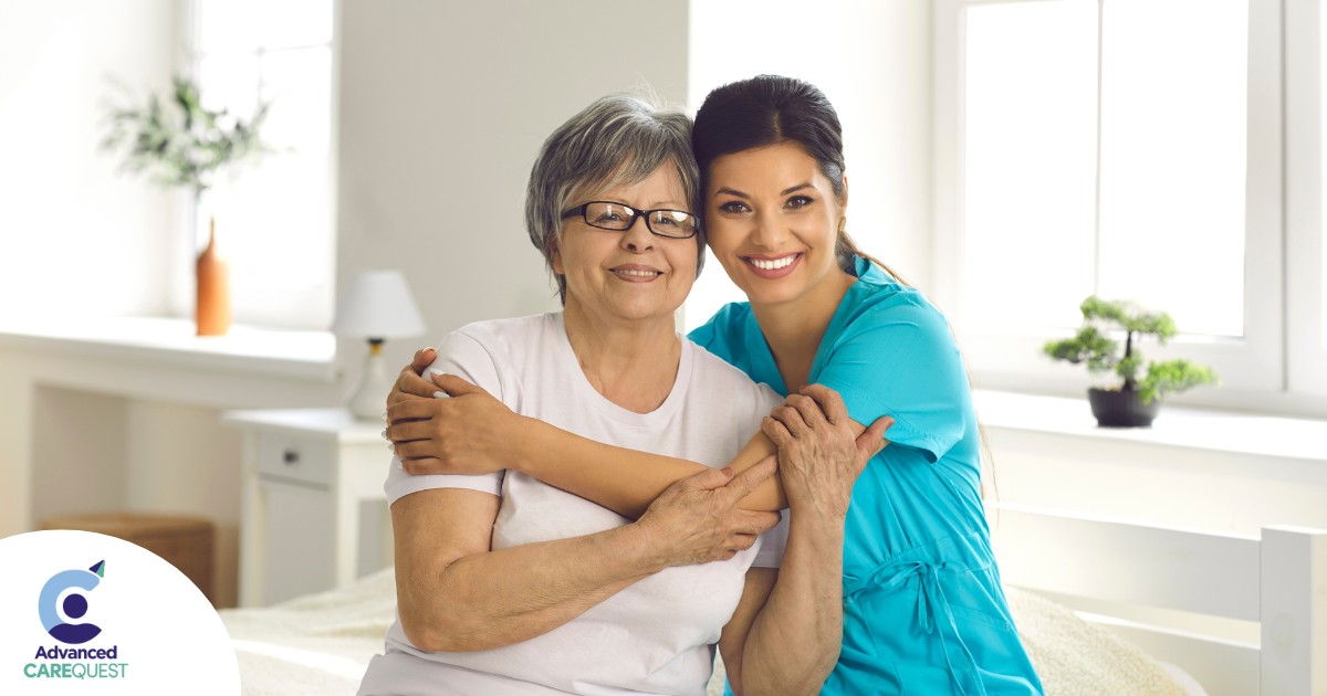 A caregiver hugs an older client, representing how a trustworthy caregiver cares for clients.