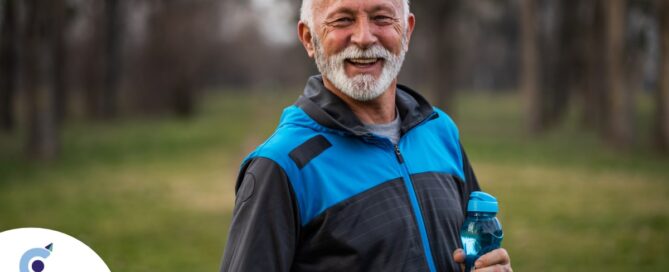 An older man smiles with a water bottle while exercising, representing the benefits of encouraging exercise when caring for seniors at home.