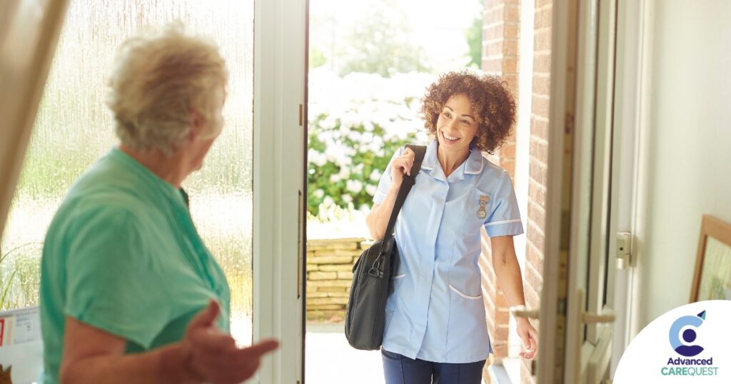 A caregiver comes in to see a client at home representing senior home care and the services offered.