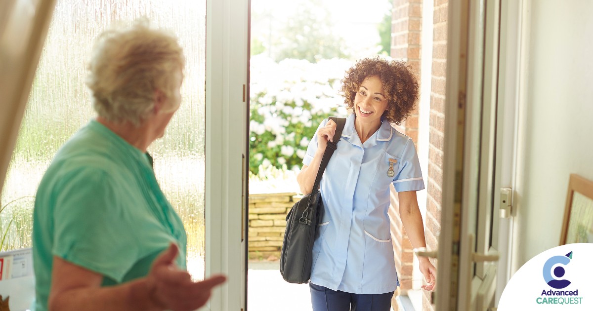 A caregiver comes in to see a client at home representing senior home care and the services offered.