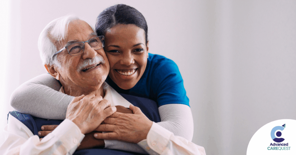 a graphic showing What a Week of Elder Care at Home Really Looks Like with a smiling caregiver and client