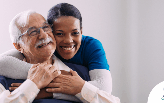 a graphic showing What a Week of Elder Care at Home Really Looks Like with a smiling caregiver and client